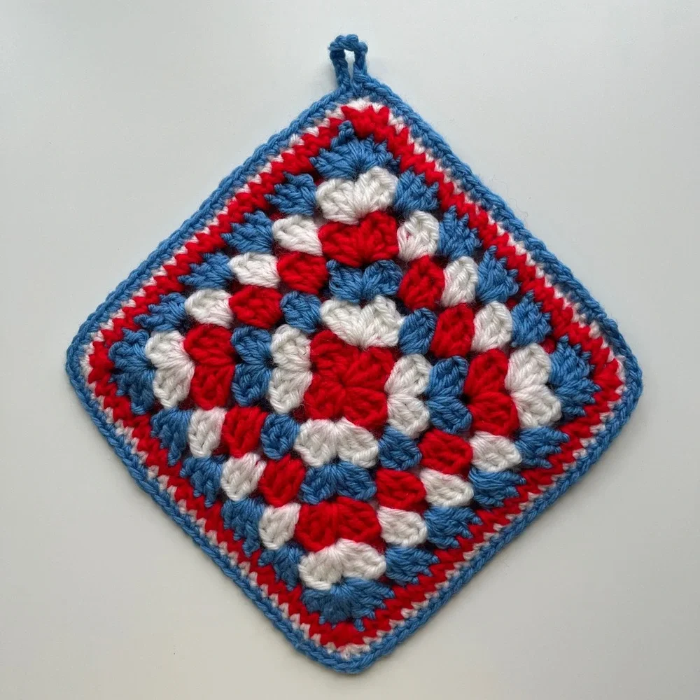 Handmade Crochet Potholder Red White Blue 8